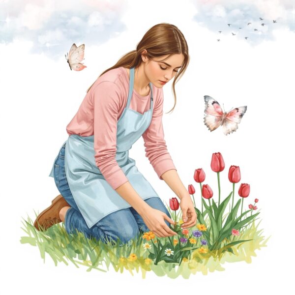 Peaceful Watercolor Gardening Girl with Tulips & Butterflies | Spring Nature Digital Art Print | Instant Download Wall Decor - Image 4