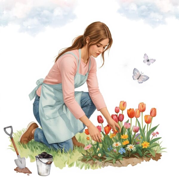 Peaceful Watercolor Gardening Girl with Tulips & Butterflies | Spring Nature Digital Art Print | Instant Download Wall Decor - Image 5