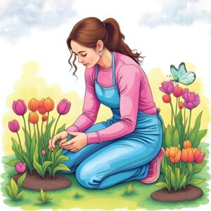 Peaceful Watercolor Gardening Girl with Tulips & Butterflies | Spring Nature Digital Art Print | Instant Download Wall Decor