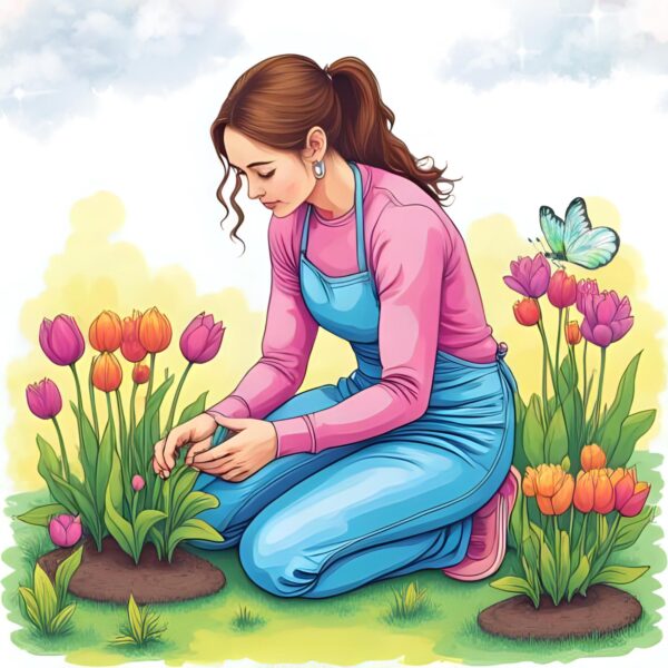 Peaceful Watercolor Gardening Girl with Tulips & Butterflies | Spring Nature Digital Art Print | Instant Download Wall Decor