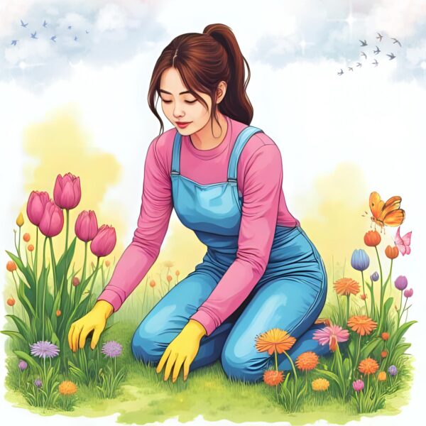 Peaceful Watercolor Gardening Girl with Tulips & Butterflies | Spring Nature Digital Art Print | Instant Download Wall Decor - Image 2