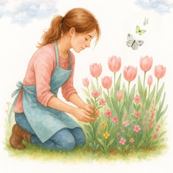 Peaceful Watercolor Gardening Girl with Tulips & Butterflies | Spring Nature Digital Art Print | Instant Download Wall Decor - Image 6