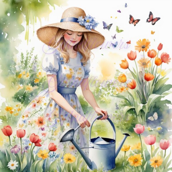 Watercolor Woman Watering Flowers Clipart | Spring Garden Girl PNG | Digital Download Art | Spring Nature Digital Art Print - Image 2
