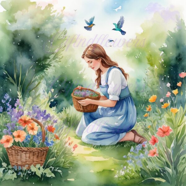 Whimsy in Bloom! 6 PNG Clipart Images – Girl Picking Flowers Watercolor Art – Instant Digital Download for Crafts, Decor & More - Image 4