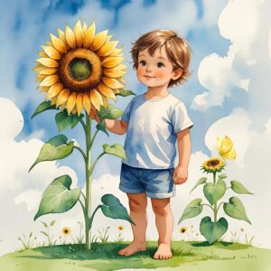 Sunshine & Smiles! 6 PNG Clipart Image – Child Holding Sunflower Watercolor Art – Instant Digital Download for Nursery and Crafts