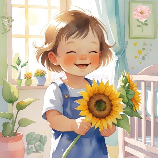 Sunshine & Smiles! 6 PNG Clipart Image – Child Holding Sunflower Watercolor Art – Instant Digital Download for Nursery and Crafts - Image 6