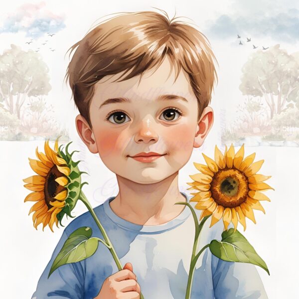 Sunshine & Smiles! 6 PNG Clipart Image – Child Holding Sunflower Watercolor Art – Instant Digital Download for Nursery and Crafts - Image 5