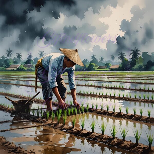 Farmer Planting Rice Watercolor Clipart PNG | Monsoon Paddy Field Art | Traditional Agriculture Digital Download - Image 2