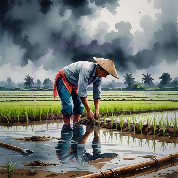 Farmer Planting Rice Watercolor Clipart PNG | Monsoon Paddy Field Art | Traditional Agriculture Digital Download - Image 6