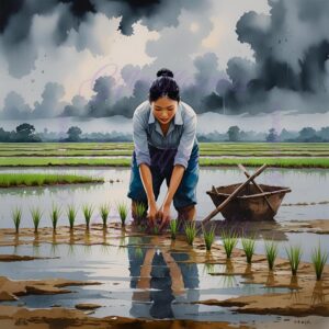 Farmer Planting Rice Watercolor Clipart PNG | Monsoon Paddy Field Art | Traditional Agriculture Digital Download
