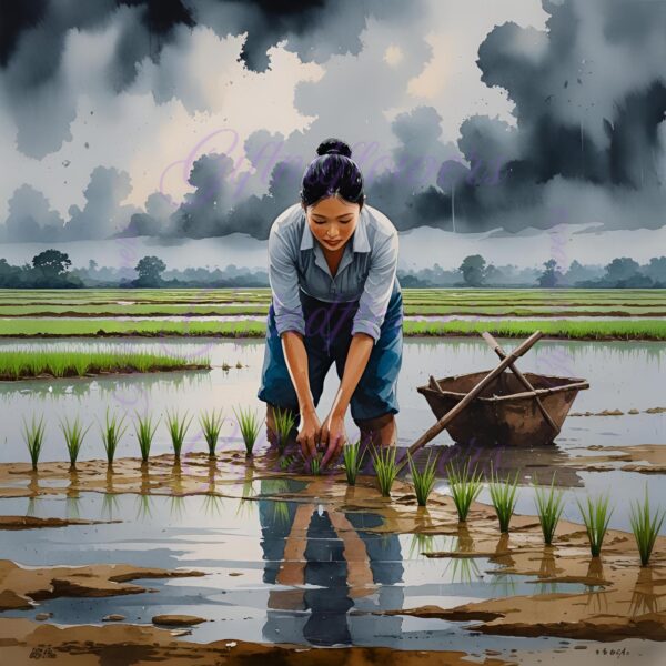 Farmer Planting Rice Watercolor Clipart PNG | Monsoon Paddy Field Art | Traditional Agriculture Digital Download