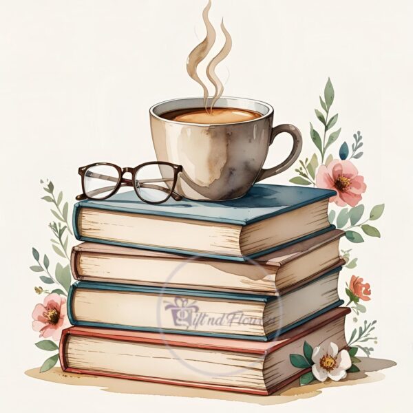 Books & Coffee Watercolor Art – 10 PNG Clipart Image – Watercolor Books and Coffee Stack – Instant Digital Download - Image 10