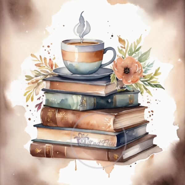 Books & Coffee Watercolor Art – 10 PNG Clipart Image – Watercolor Books and Coffee Stack – Instant Digital Download - Image 4