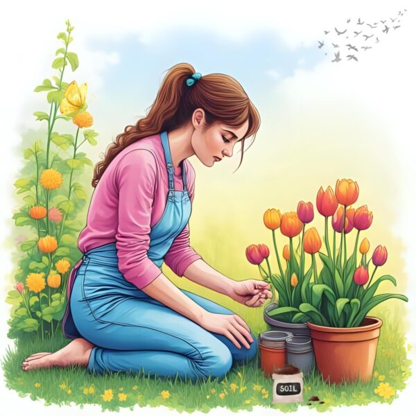 Peaceful Watercolor Gardening Girl with Tulips & Butterflies | Spring Nature Digital Art Print | Instant Download Wall Decor - Image 3