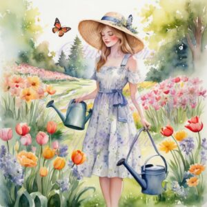 Watercolor Woman Watering Flowers Clipart | Spring Garden Girl PNG | Digital Download Art | Spring Nature Digital Art Print