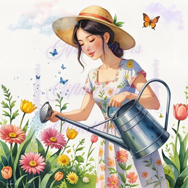 Watercolor Woman Watering Flowers Clipart | Spring Garden Girl PNG | Digital Download Art | Spring Nature Digital Art Print - Image 6