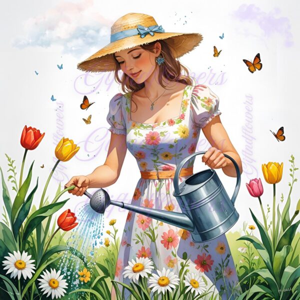 Watercolor Woman Watering Flowers Clipart | Spring Garden Girl PNG | Digital Download Art | Spring Nature Digital Art Print - Image 5