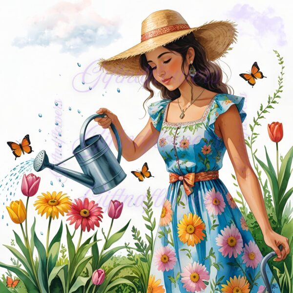 Watercolor Woman Watering Flowers Clipart | Spring Garden Girl PNG | Digital Download Art | Spring Nature Digital Art Print - Image 3