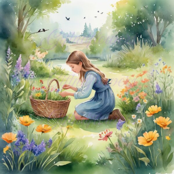 Whimsy in Bloom! 6 PNG Clipart Images – Girl Picking Flowers Watercolor Art – Instant Digital Download for Crafts, Decor & More - Image 2