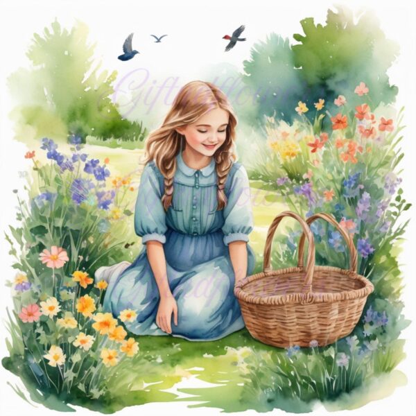 Whimsy in Bloom! 6 PNG Clipart Images – Girl Picking Flowers Watercolor Art – Instant Digital Download for Crafts, Decor & More - Image 3