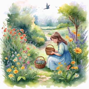 Whimsy in Bloom! 6 PNG Clipart Images – Girl Picking Flowers Watercolor Art – Instant Digital Download for Crafts, Decor & More