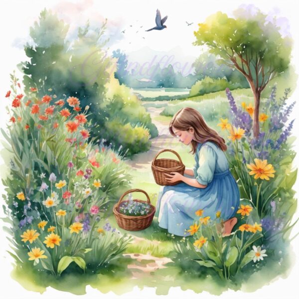 Whimsy in Bloom! 6 PNG Clipart Images – Girl Picking Flowers Watercolor Art – Instant Digital Download for Crafts, Decor & More