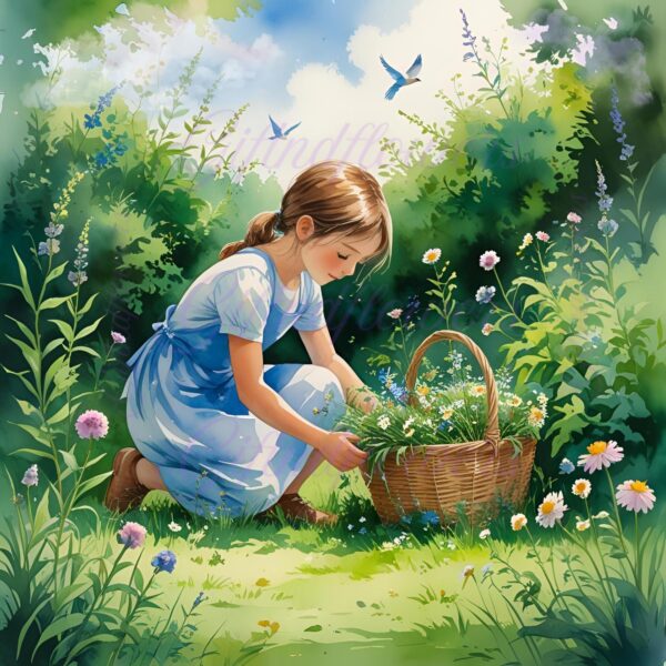 Whimsy in Bloom! 6 PNG Clipart Images – Girl Picking Flowers Watercolor Art – Instant Digital Download for Crafts, Decor & More - Image 5