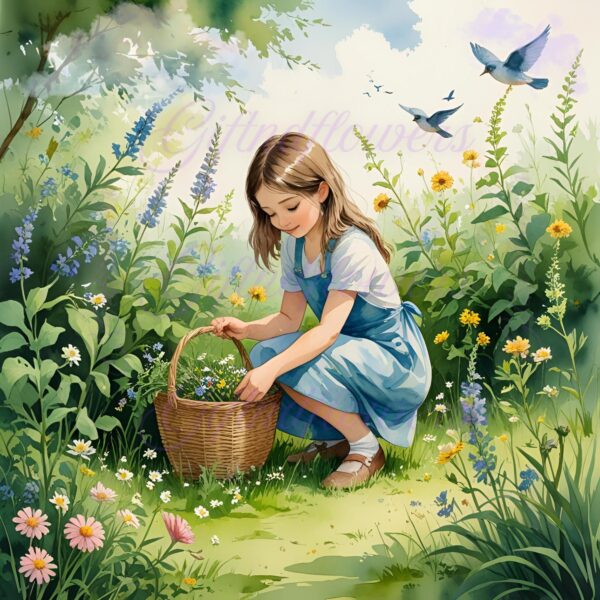 Whimsy in Bloom! 6 PNG Clipart Images – Girl Picking Flowers Watercolor Art – Instant Digital Download for Crafts, Decor & More - Image 6