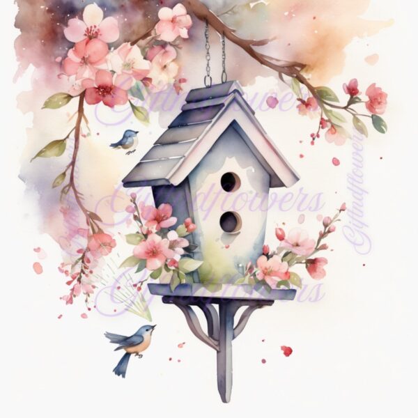Whimsy in Bloom! 6 PNG Clipart Images – Birdhouse in Garden Watercolor Art – Instant Digital Download for Crafts, Decor & More - Image 3