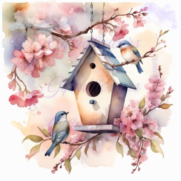 Whimsy in Bloom! 6 PNG Clipart Images – Birdhouse in Garden Watercolor Art – Instant Digital Download for Crafts, Decor & More