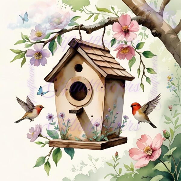 Whimsy in Bloom! 6 PNG Clipart Images – Birdhouse in Garden Watercolor Art – Instant Digital Download for Crafts, Decor & More - Image 6