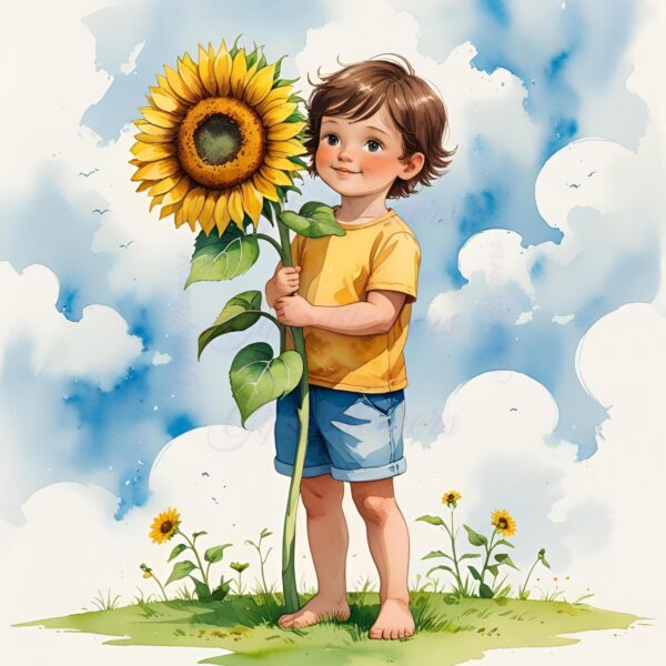Sunshine & Smiles! 6 PNG Clipart Image – Child Holding Sunflower Watercolor Art – Instant Digital Download for Nursery and Crafts - Image 3