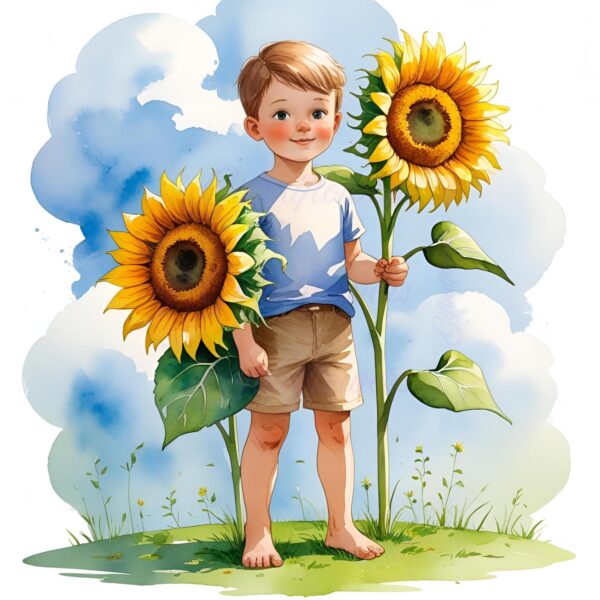 Sunshine & Smiles! 6 PNG Clipart Image – Child Holding Sunflower Watercolor Art – Instant Digital Download for Nursery and Crafts - Image 2