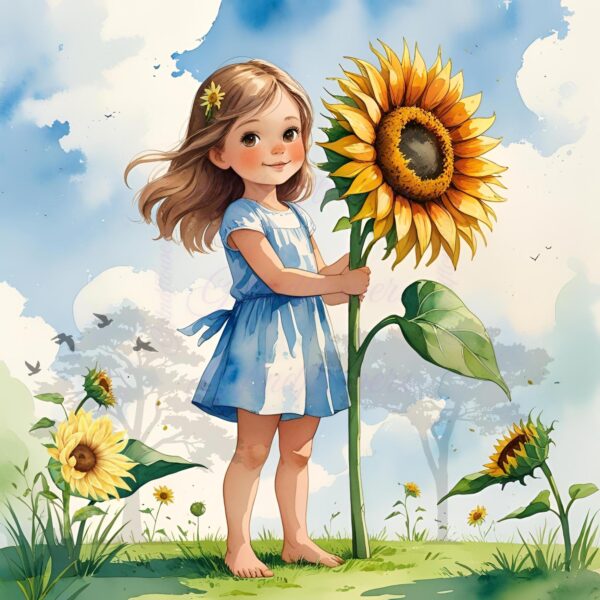 Sunshine & Smiles! 6 PNG Clipart Image – Child Holding Sunflower Watercolor Art – Instant Digital Download for Nursery and Crafts - Image 4