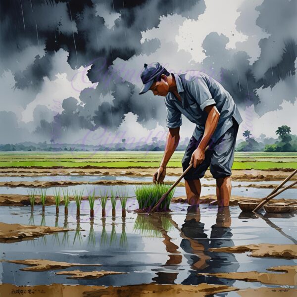 Farmer Planting Rice Watercolor Clipart PNG | Monsoon Paddy Field Art | Traditional Agriculture Digital Download - Image 5