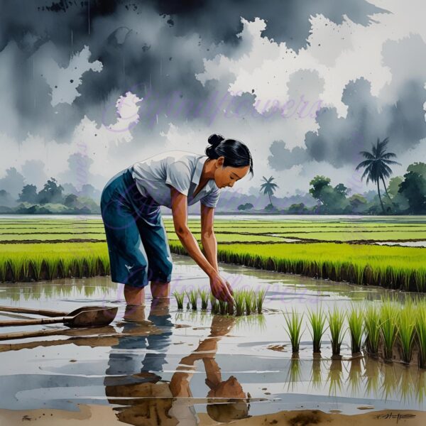 Farmer Planting Rice Watercolor Clipart PNG | Monsoon Paddy Field Art | Traditional Agriculture Digital Download - Image 4