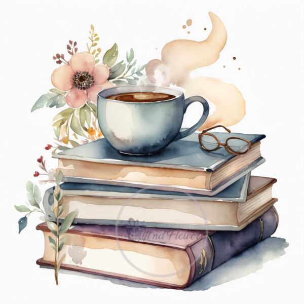 Books & Coffee Watercolor Art – 10 PNG Clipart Image – Watercolor Books and Coffee Stack – Instant Digital Download - Image 3