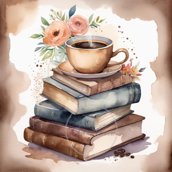Books & Coffee Watercolor Art – 10 PNG Clipart Image – Watercolor Books and Coffee Stack – Instant Digital Download - Image 2