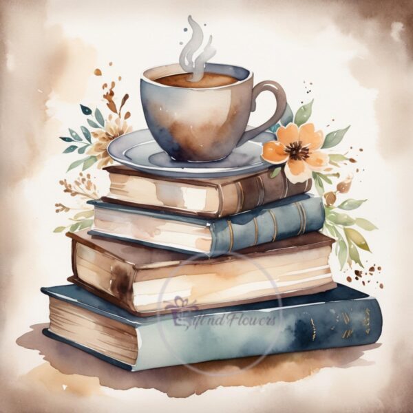 Books & Coffee Watercolor Art – 10 PNG Clipart Image – Watercolor Books and Coffee Stack – Instant Digital Download - Image 6