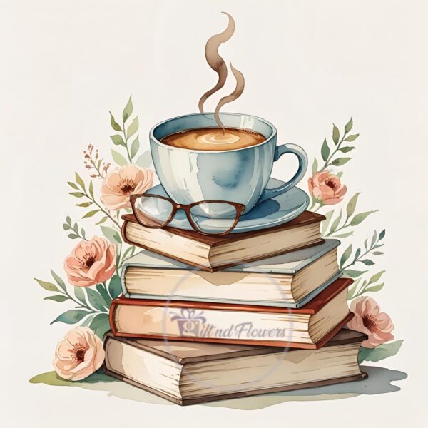 Books & Coffee Watercolor Art – 10 PNG Clipart Image – Watercolor Books and Coffee Stack – Instant Digital Download - Image 8